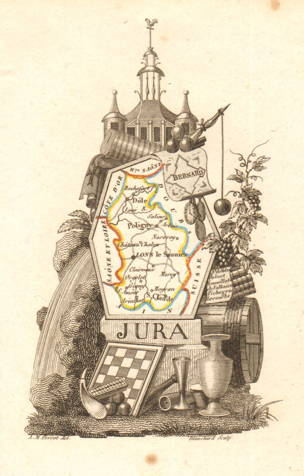 JURA département. Scarce antique map/carte by A.M. PERROT 1823 old